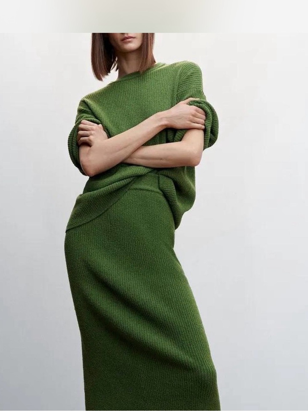 Mango Olive Green Knit Maxi Skirt